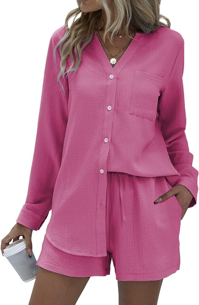 Ekouaer 2 Piece Sets Women Summer Outfits Lounge Sets V Neck Button Down Shirt and Shorts Loungew... | Amazon (CA)
