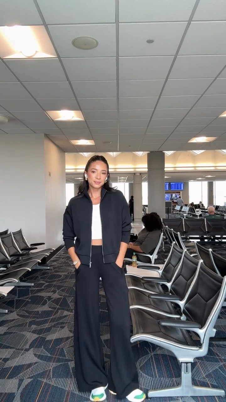 Extra 30% OFF this Spanx track jacket!! This jacket is made with the most buttery soft material - it’s the perfect layer for travel outfits! Wearing size S track jacket and size S tall wide leg pants (I’m 5’8” for reference) 

work from home outfit, airport outfit, travel outfit, errands outfit, spanx outfit, spanx sale, loungewear, fall sale, sale alert