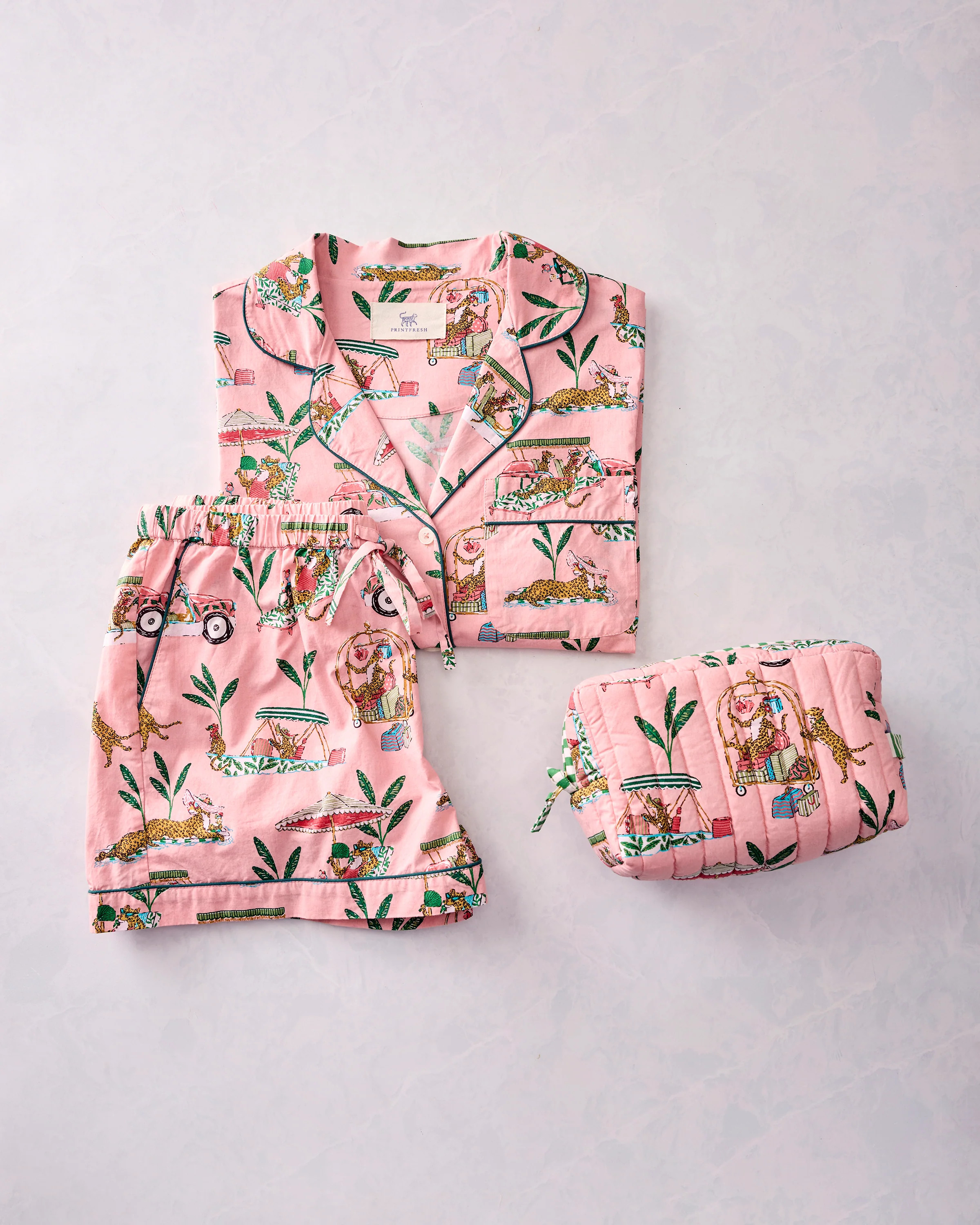 Cabana Cats - Short PJ Set & Quilted Pouch Bundle - Peach Daiquiri | Printfresh