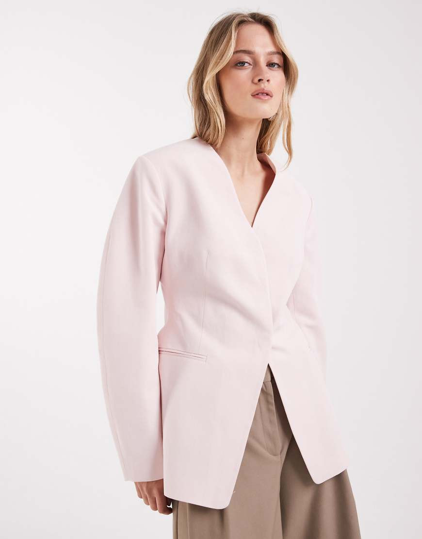 ASOS DESIGN cinched linen blazer in baby pink-Purple | ASOS (Global)