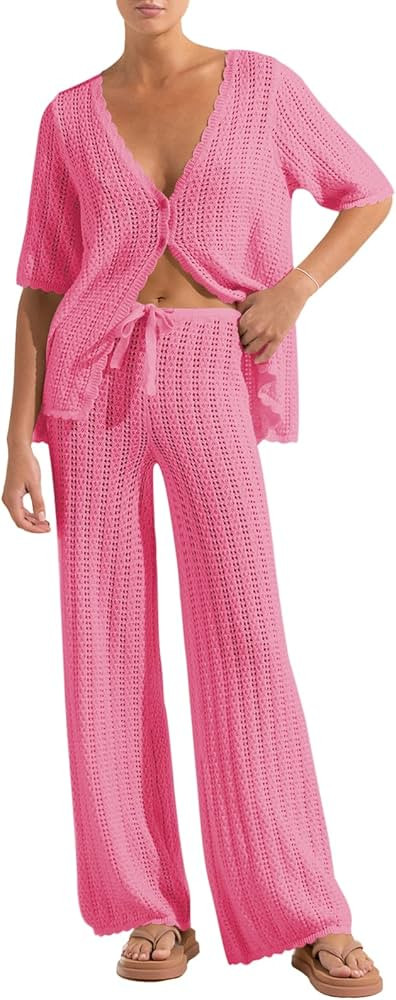 Imily Bela Women's Summer 2 Piece Swimsuit Cover up Hollow Out Knit Cardigan Tops Long Pants Set ... | Amazon (US)