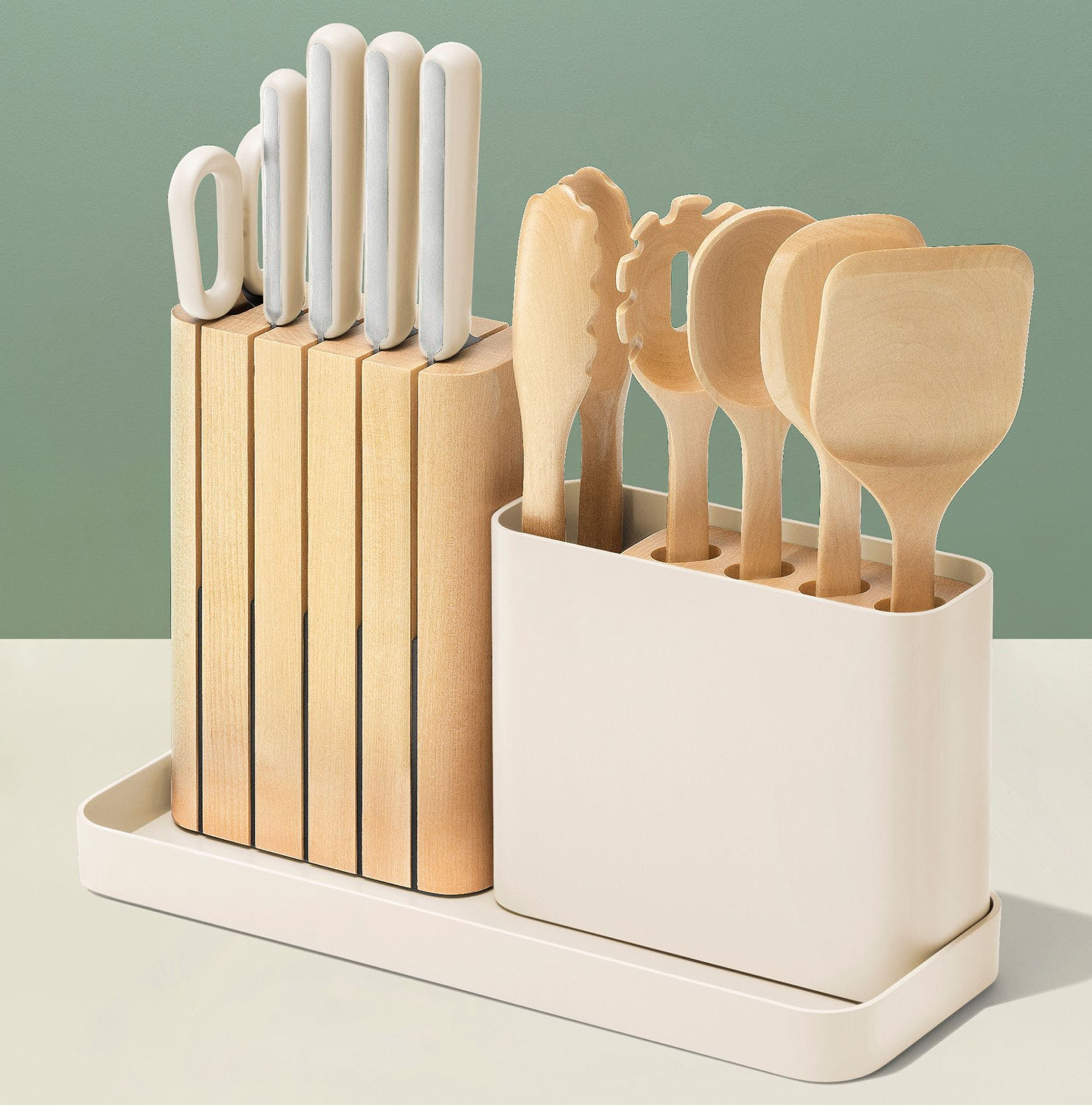14 Piece Knife & Utensil Set W/ Storage In Cream | Premium German Stainless Steel Knives | Non-Toxic, Non-Stick, Natural Wood, Heat Resistant Utensils | Caraway | Caraway