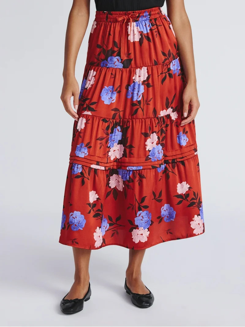 Time and Tru Women's Print Tiered Pull On Midi Skirt, Sizes XS-XXXL | Walmart (US)