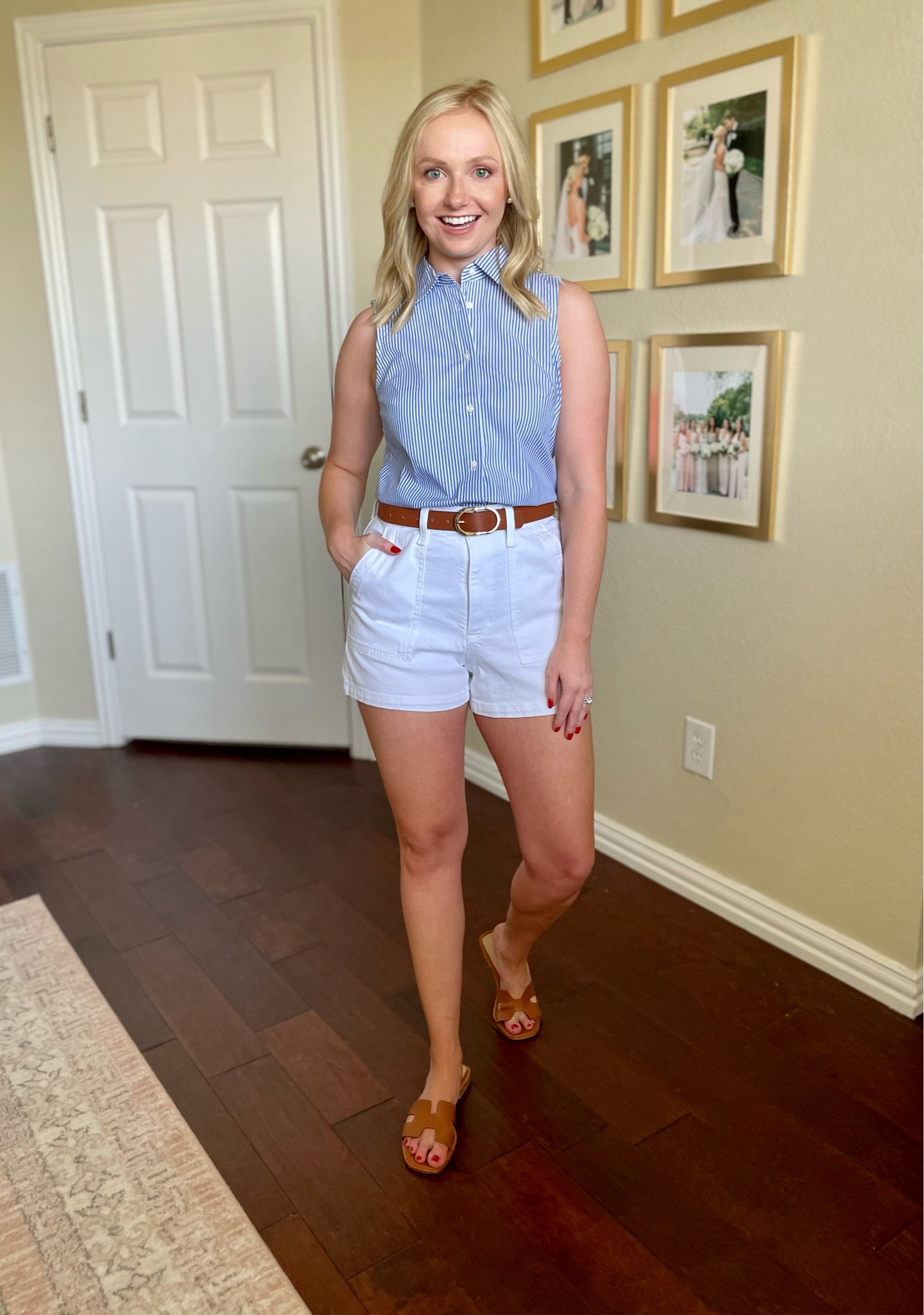 Wearing an XS and 25 in shorts | denim shorts, white shorts, blue and white top, button down shirt, sleeveless shirt, blue and white stripes, summer outfit, casual summer outfit 

#LTKstyletip #LTKFind #LTKSeasonal