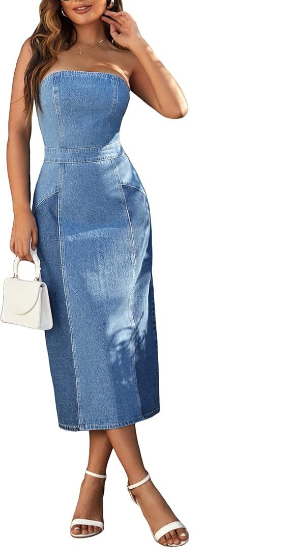 WDIRARA Women's Strapless Tube Top Sleeveless Split Back Fitted Denim Midi Dress | Amazon (US)