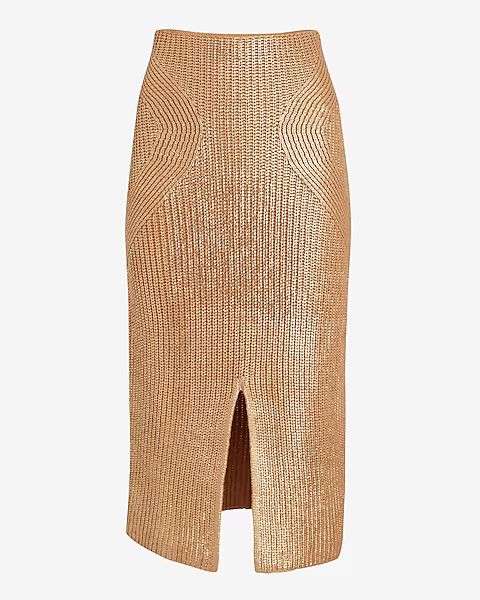 High Waisted Metallic Foil Ribbed Front Slit Midi Sweater Skirt | Express