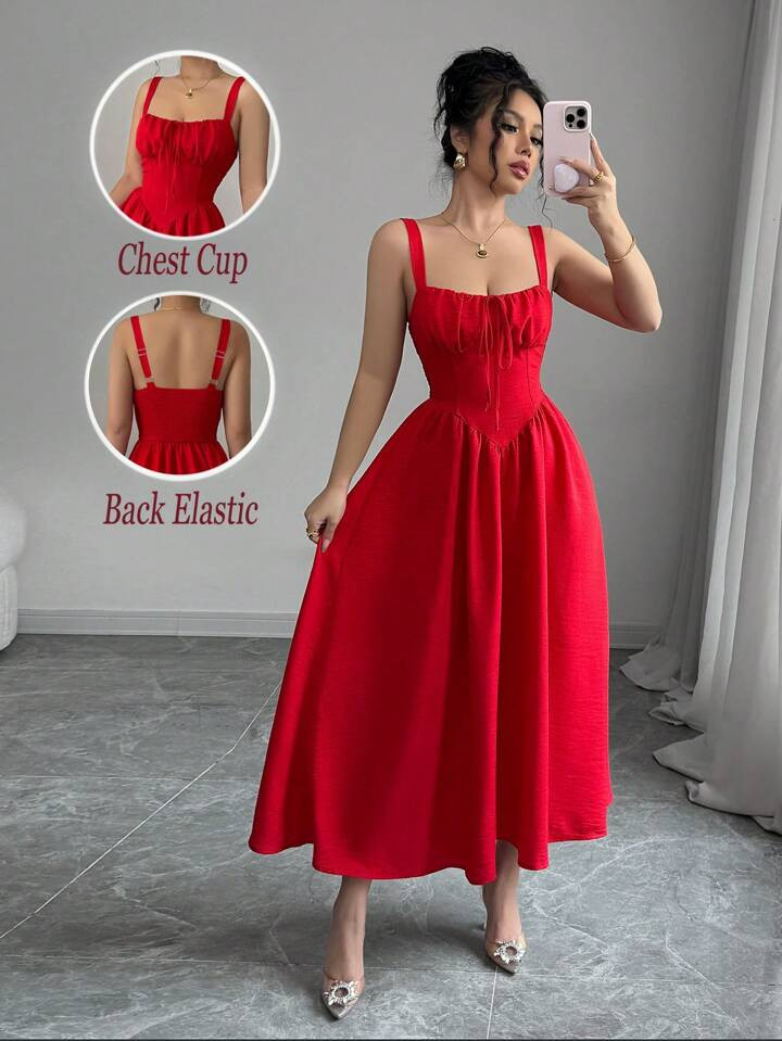 Airlisse Women's Red Solid Color Valentine's Day Vacation Casual Dress Ruffled Front Tie Bow Cute... | SHEIN