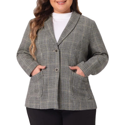 Agnes Orinda Women's Plus Size Plaid Formal Notched Lapel Blazer Black Brown 1X | Target