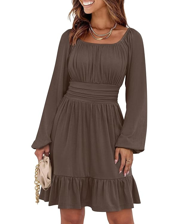 ANRABESS Womens Dress Long Lantern Sleeve Square Neck Elastic Waist Ruffle Flowy Swing A-Line Sho... | Amazon (US)