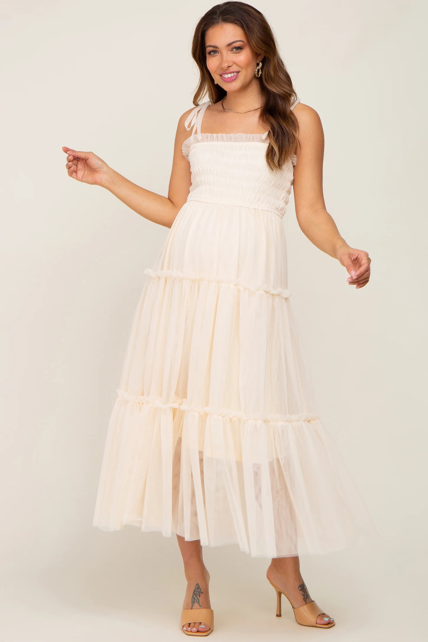 Cream Smocked Mesh Maternity Midi Dress | PinkBlush Maternity