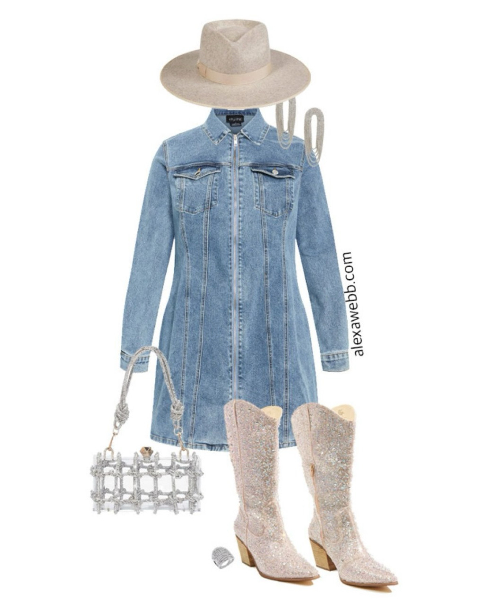 Plus Size Fall Concert Outfits - A plus size country concert outfit idea with a denim dress, rancher hat, and wide calf crystal boots. Alexa Webb #plussize

#LTKPlusSize #LTKOver40 #LTKStyleTip