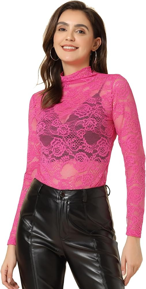 Allegra K Women's See Through Long Sleeve Turtleneck Sheer Floral Lace Blouse Top | Amazon (US)