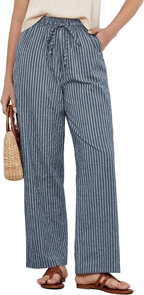 GRAPENT Striped Pants High Waisted Wide Leg Cotton Linen Flowy Pants | Amazon (US)