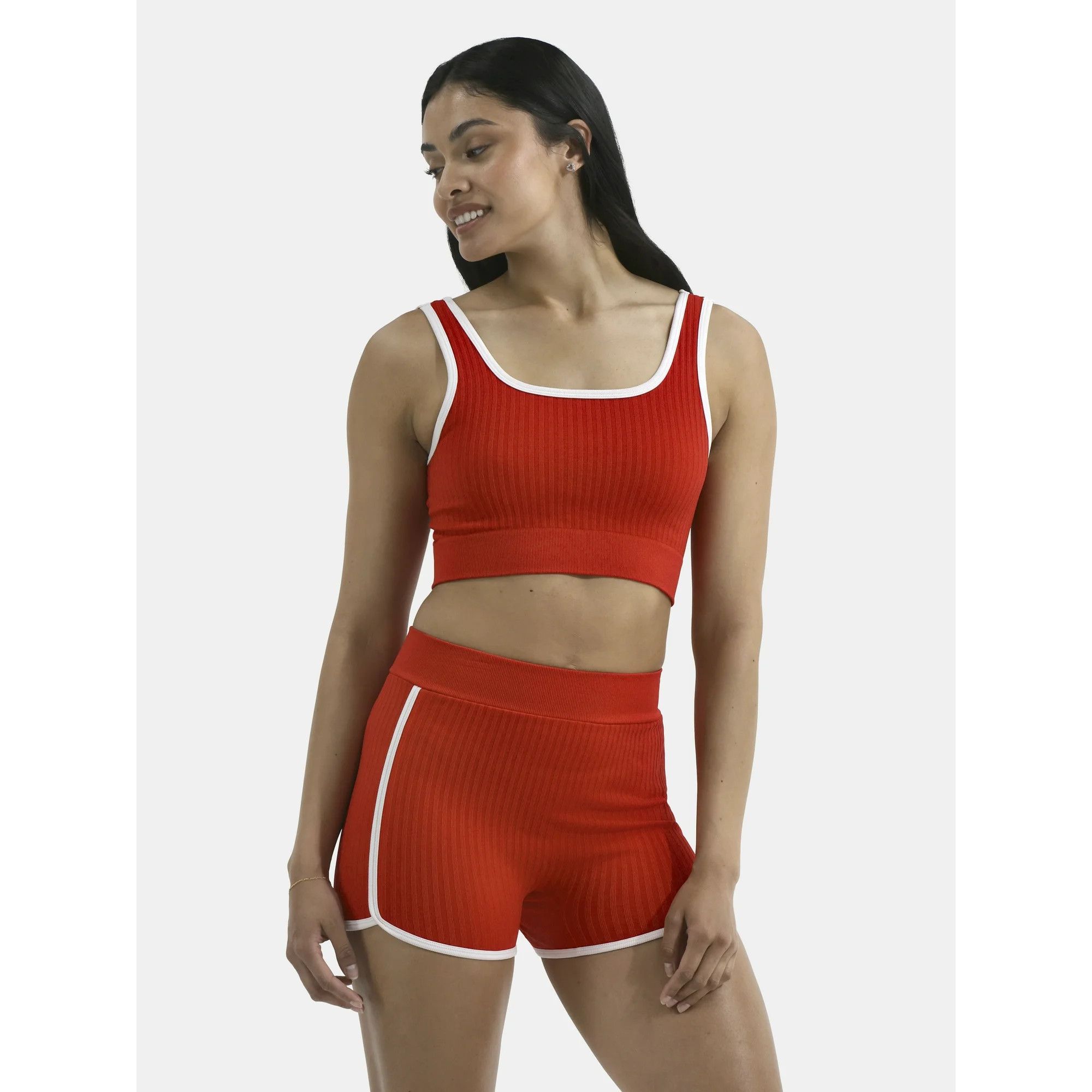 No Boundaries Seamless 2-Piece Cropped Tank Top and Dolphin Shorts with Contrast Binding, Women's | Walmart (US)