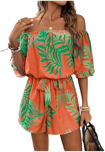 Milumia Women's Off The Shoulder Romper Boho Elastic Waist Shorts Jumpsuit Dressy Casual Vacation... | Amazon (US)
