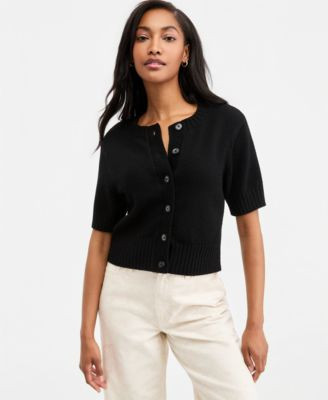 On 34th Women's Crewneck Short-Sleeve Textured Button-Front Cardigan, Macy's Exclusive - Pompeian Red | Macy's