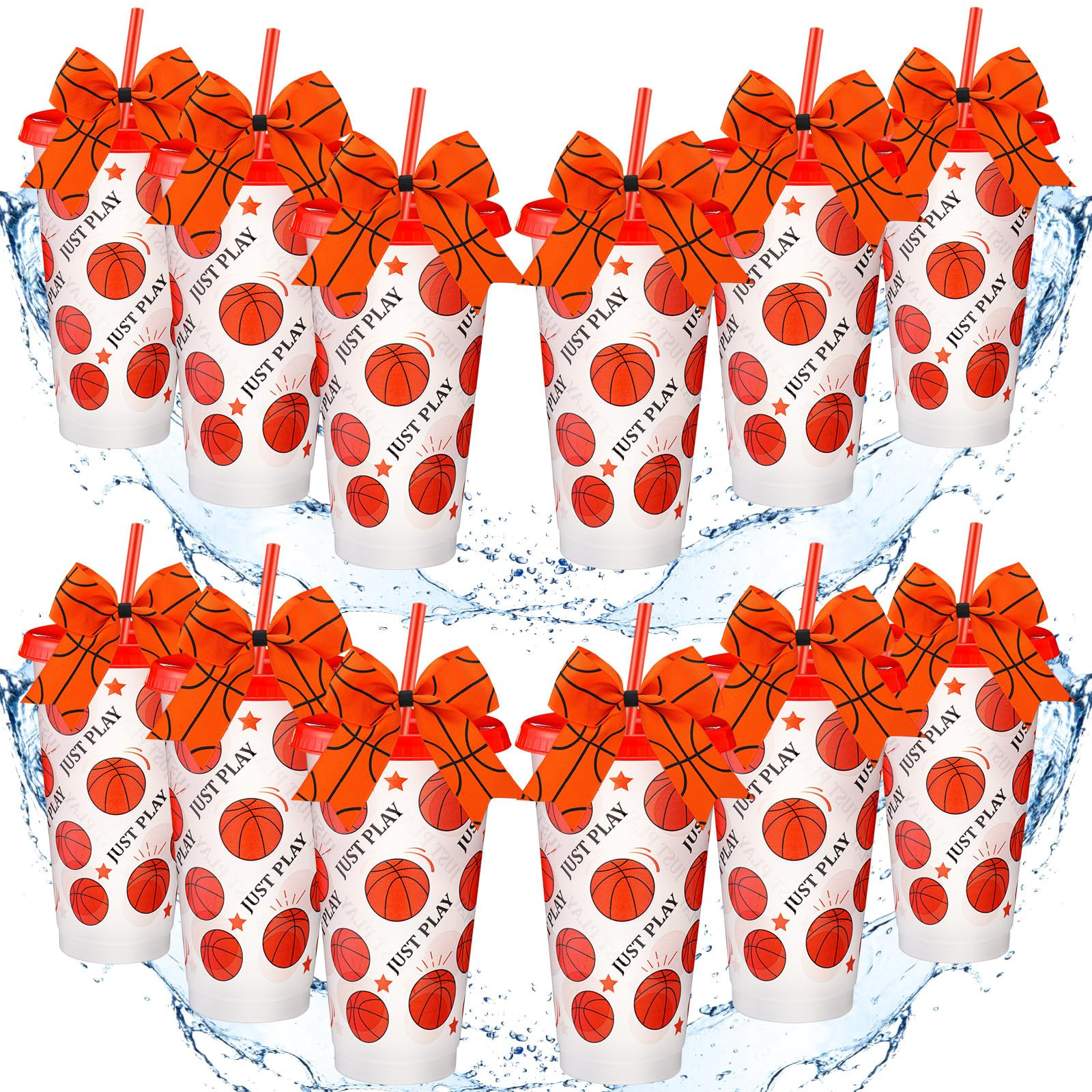 Skylety 12 Sets Sports Plastic Tumbler with Lid and Straw Bow Decorated 24oz Reusable Ball Themed... | Amazon (US)