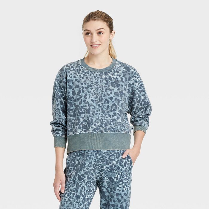 Women's Leopard Print French Terry Acid Wash Crewneck Pullover - JoyLab™ | Target