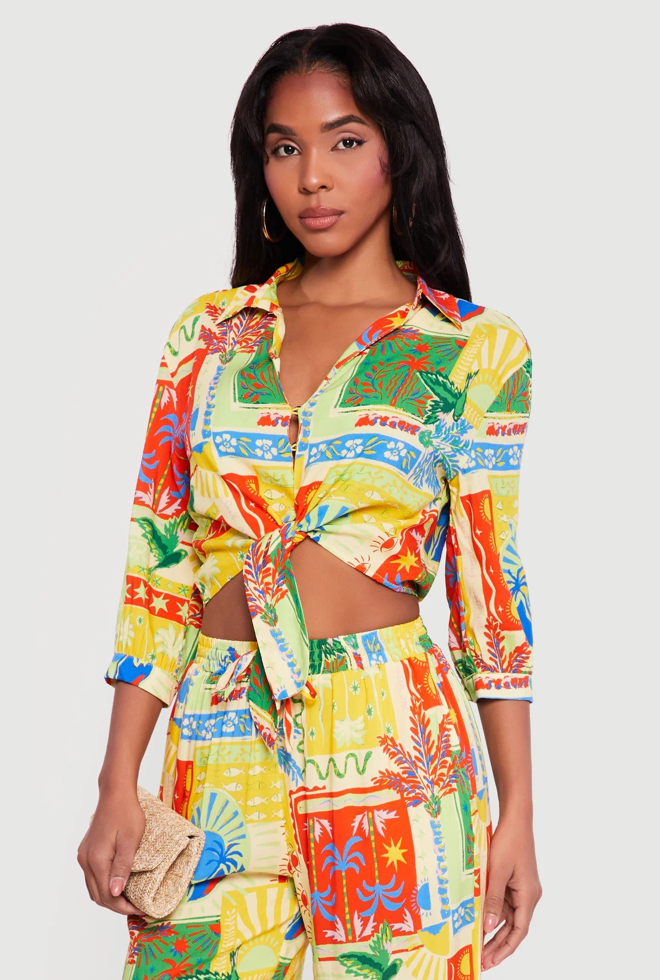 Patterned Cropped Tie Front Shirt | Rainbow Shops
