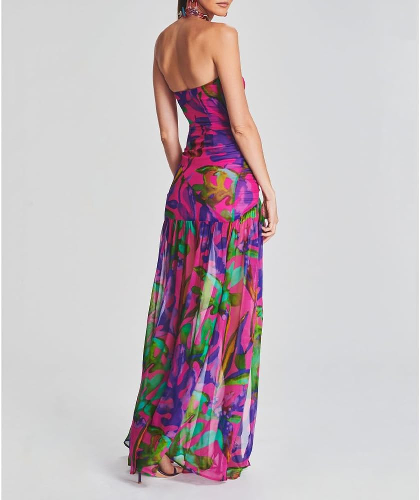 Women Tube Top Dress Tiger Stripe Mesh Patchwork Maxi Dress Strapless Sexy High Slit Long Dresses... | Amazon (US)