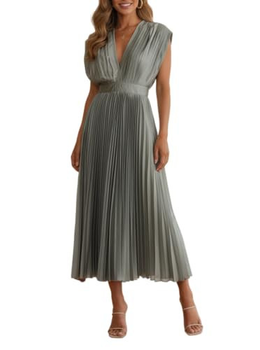 Women's Pleated Maxi Dress Deep V-Neck Sleeveless Backless Tie Solid Elegant Cocktail Wedding Guests Dress Grey | Amazon (US)