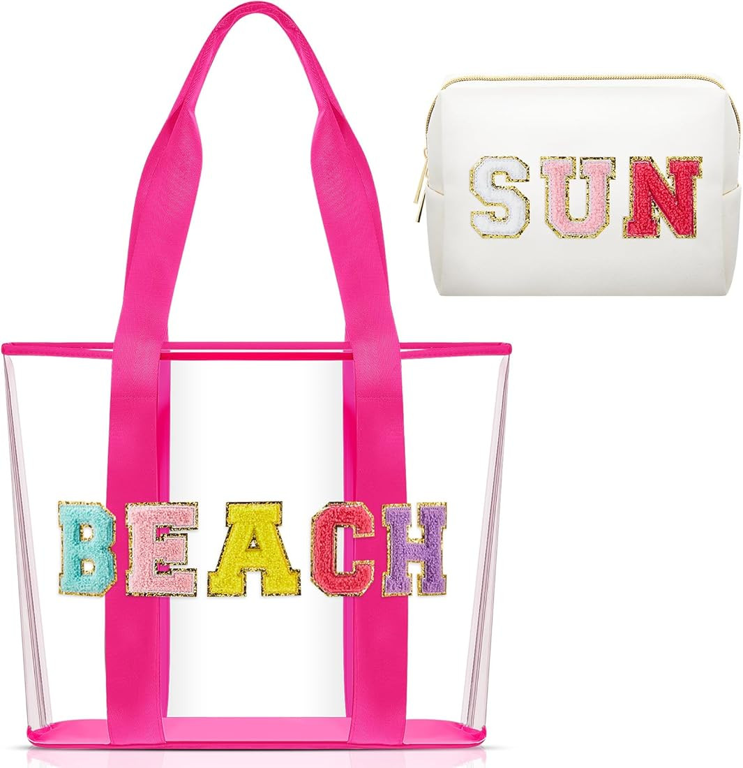 Abbylike 2 Pcs Chenille Letter Beach Tote Bag for Women Girls Clear Large Foldable Beach Bag Wate... | Amazon (US)