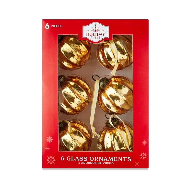 Gold Glass Ball Christmas Hanging Ornaments, 3 inch, 6 Count, by Holiday Time | Walmart (US)