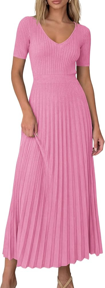 PRETTYGARDEN Women's 2026 Spring Midi Sweater Dresses Elegant Pleated Ribbed Knit Short Sleeve V ... | Amazon (US)