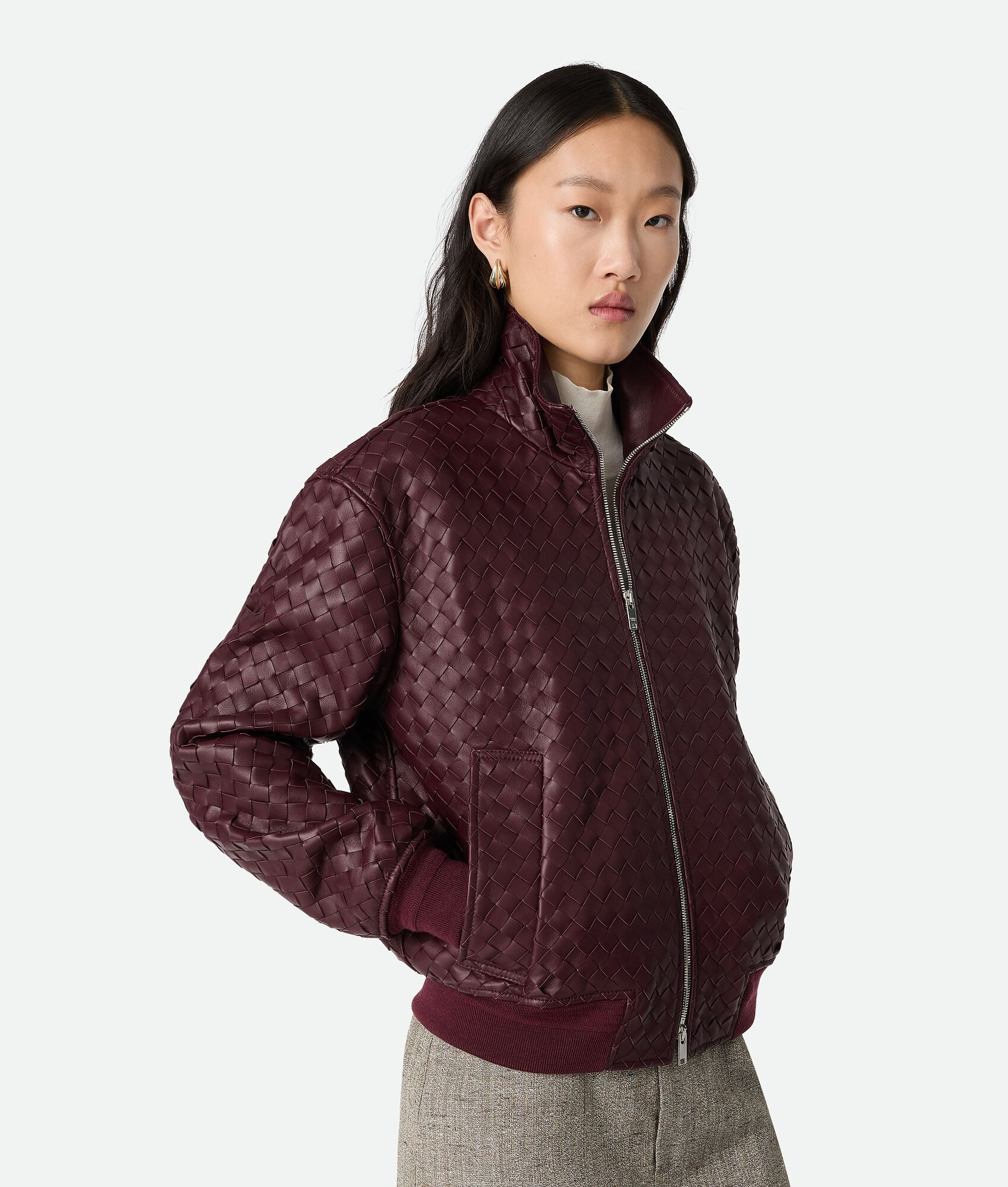 Women's Intrecciato Leather Blouson in Jam | Bottega Veneta US | Bottega Veneta