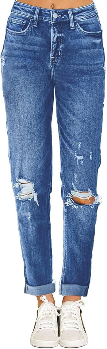 Vetinee Women's High Rise Destroyed Boyfriend Jeans Washed Distressed Ripped Denim Pants | Amazon (US)