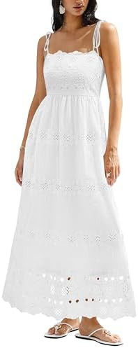 dowerme Womens Summer Maxi Dresses 2026 Casual Spaghetti Strap Smocked Eyelet Cotton Dress Long B... | Amazon (US)