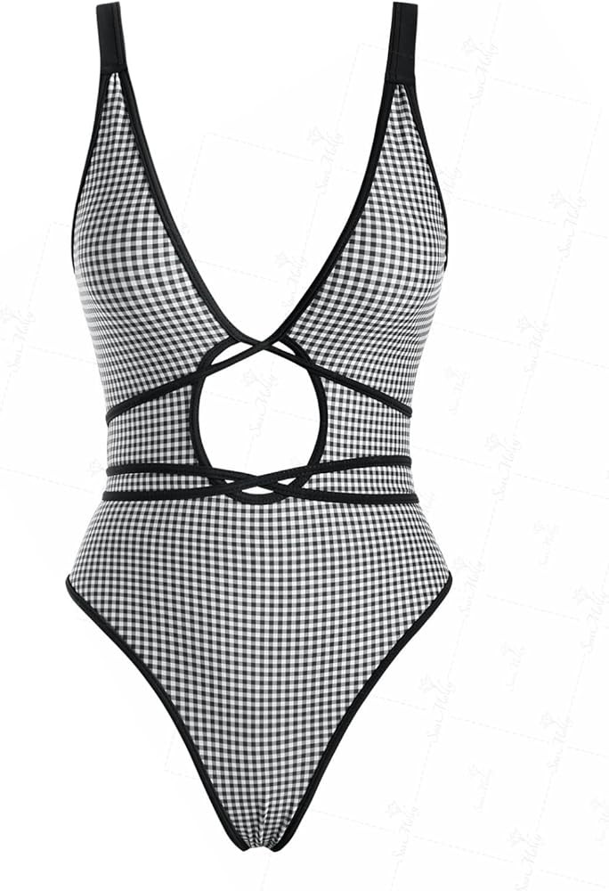 seamoly Blue Gingham Tie Around Criss Cross Backless Plunging Neck One-Piece Swimsuit | Amazon (US)