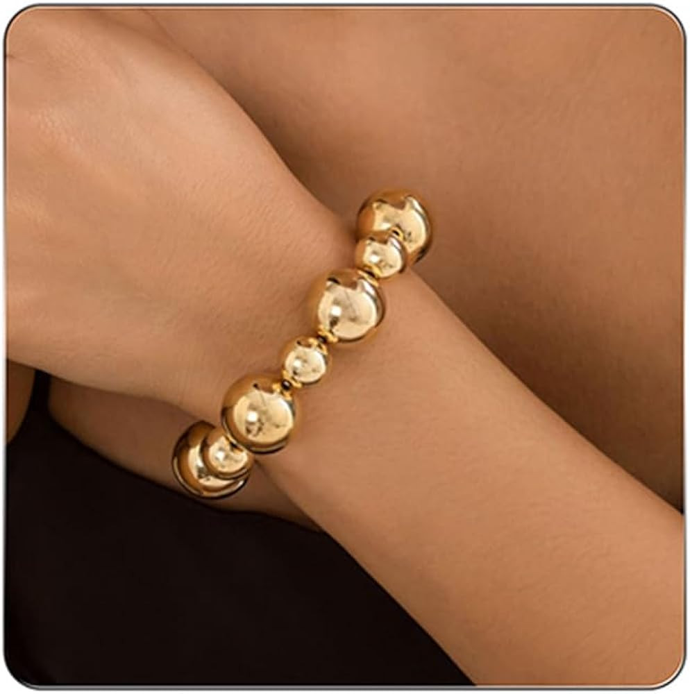 Gold Beaded Bracelet for Women Big Round Ball Beaded Elastic Bracelet Chunky Gold Bracelets Adjus... | Amazon (US)