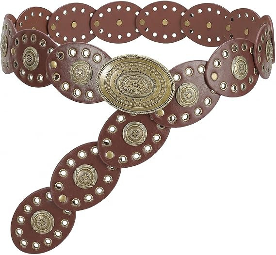 WHIPPY Women Disc Concho Leather Belt Western Cowgirl Wide Belt Vintage Boho Country Oval Waist B... | Amazon (US)