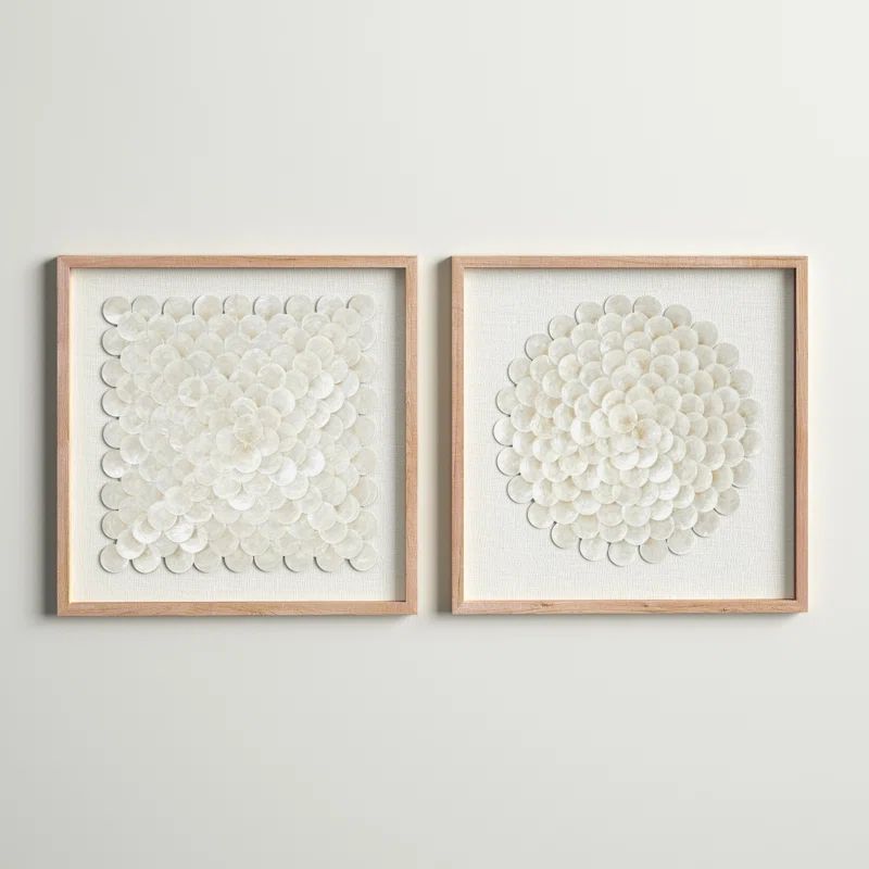 2 Piece Cream Shell Handmade Overlapping Shells Geometric Shadow Box with Canvas Backing Set | Wayfair Professional