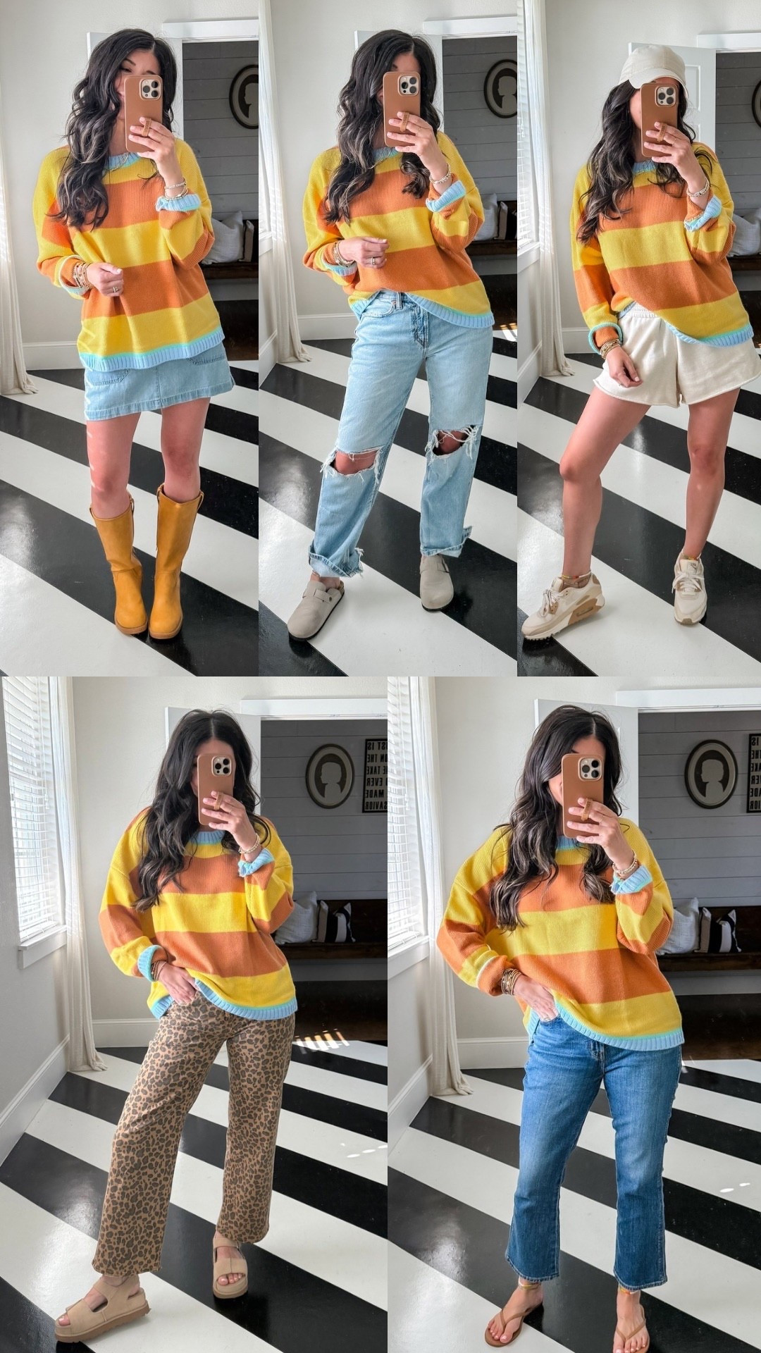 Look for less yellow brown stripe sweater! Wearing my normal size small. 

work wear, weekend style, ways to wear, knee boots, frye boots, walmart boots, clogs, american eagle, nike, shorts, lounge wear, running errands, leopard pants, leopard jeans, ankle jeans, old navy, aerie, ugg sandals, mom style, shoes, game day 

#LTKStyleTip #LTKFindsUnder50 #LTKSeasonal