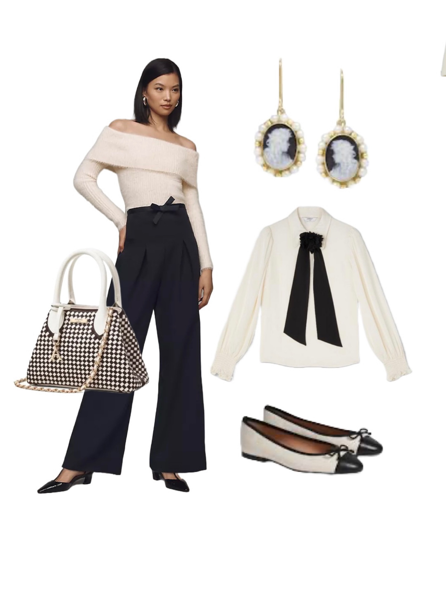 Keeping it chic from the office to out for dinner! This Monochrome / Parisian Inspired AW24 Outfit will turn heads anywhere…

Corset Bow Detail Black Wide Leg Trousers: Anthropologie

Kara Ballet Flats in Ivory & Black and Ivory Black Corsarge Blouse: LK Bennett London - hurry to catch these pieces on their Black Friday 30% off Sale!

Paris Ivory / Black Top Handle Bag: Aspinal of London

Black, Ivory, Gold Cameo “Lovelies” Drop Earrings: Wolf & Badger - great gift idea 💡 


#LTKstyletip #LTKCyberWeek #LTKsale