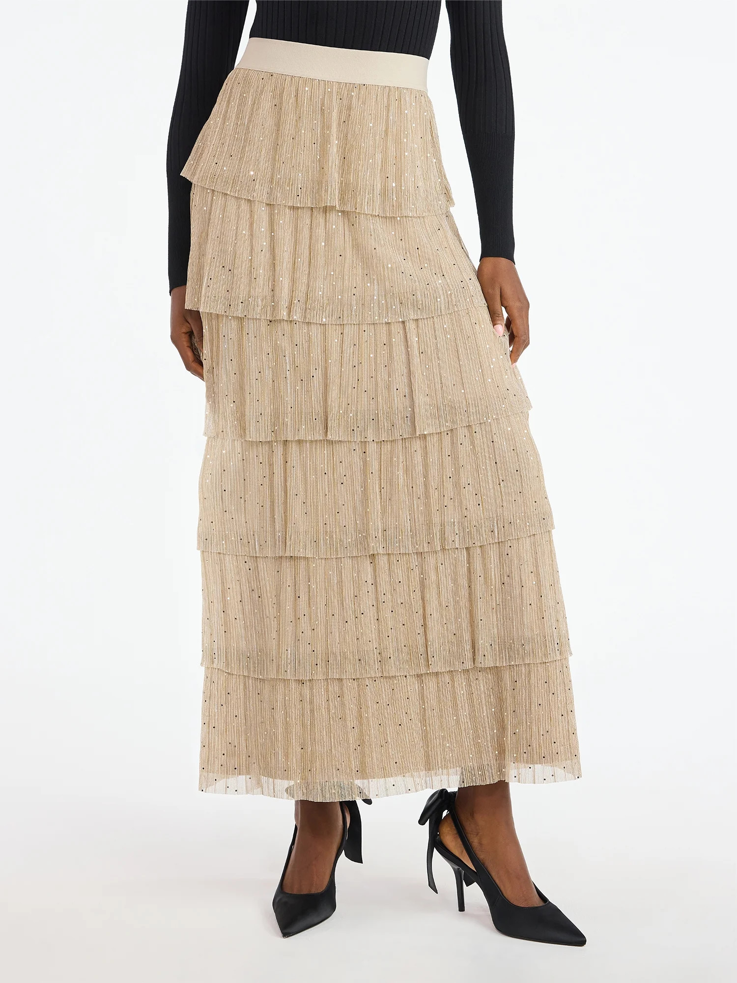 Scoop Women's and Women's Plus Glitter Ruffle Maxi Skirt, Sizes XS-4X | Walmart (US)