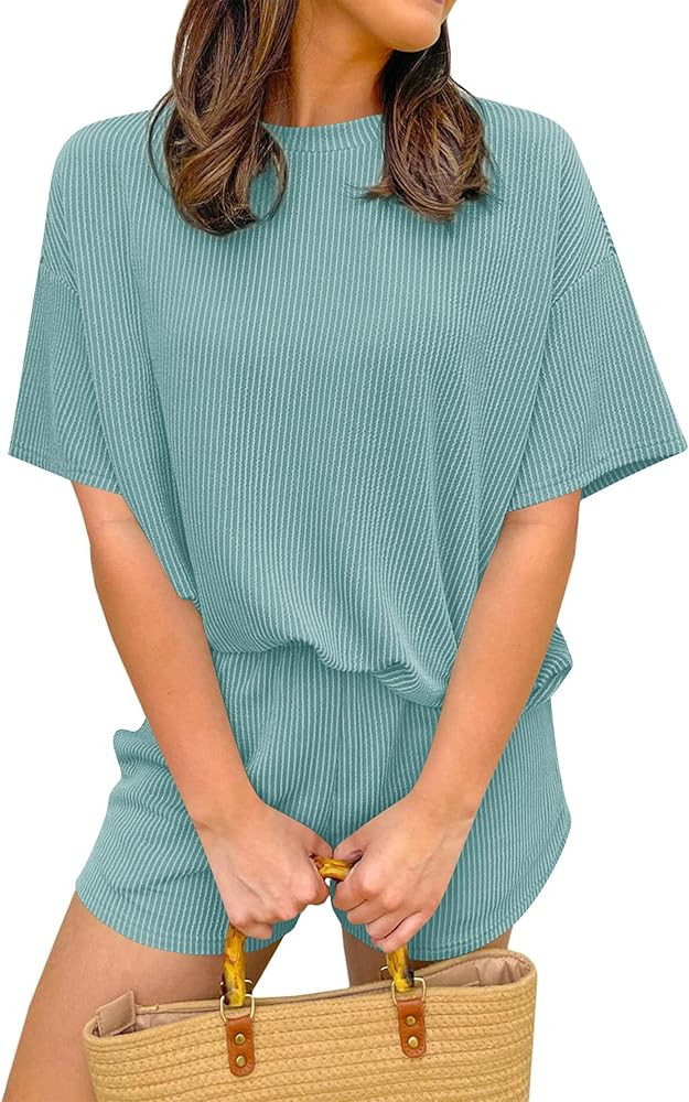 KIRUNDO Two Piece Sets for Women Dressy Casual Ribbed Knit Short Sleeve Top Matching Shorts Loung... | Amazon (US)