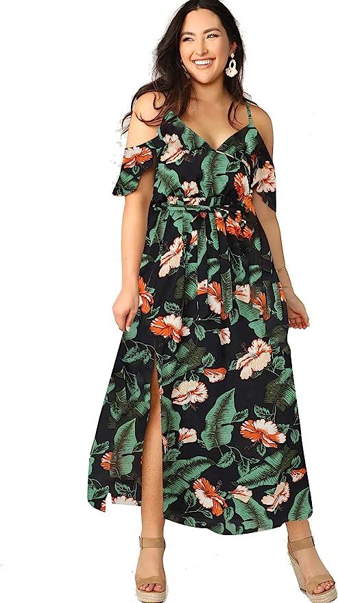 Milumia Women Plus Size Cold Shoulder Floral Maxi Bohemian Split Dress | Amazon (US)
