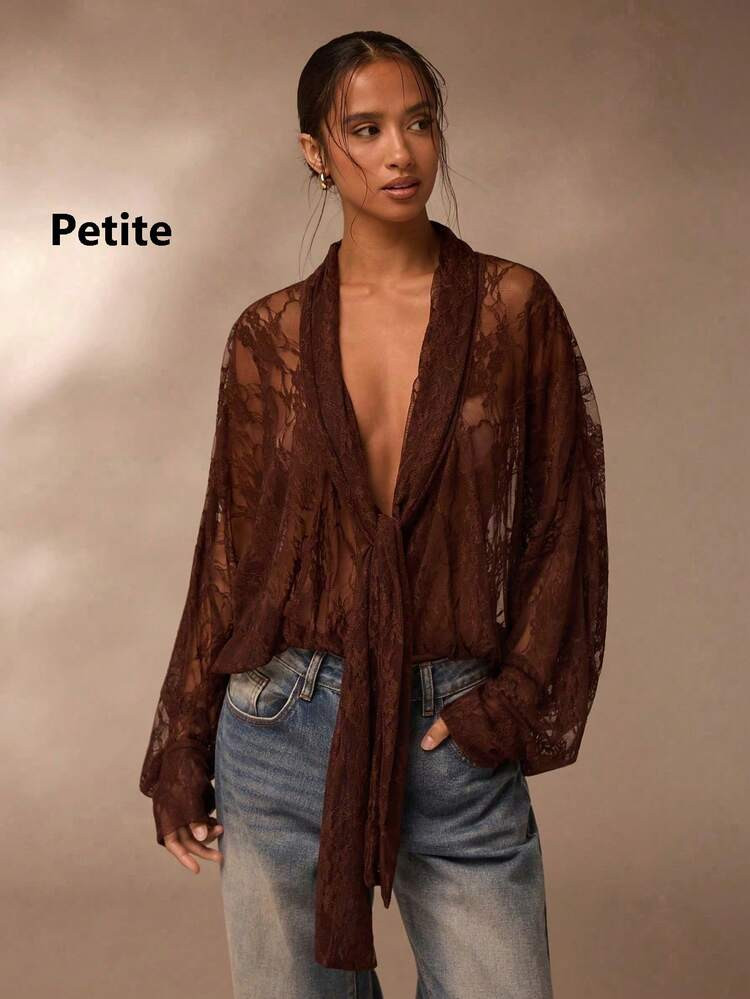 Glamine Lace Blouse, Sheer Lace Blouse, V-Neck Long Sleeve Sheer Lace Blouse Sheer Cardigan Women Sheer Blouse Brown Lace Top Sheer Tops For Women Lace Kimono Sheer Lace Top Brown Sheer Top Boho Blouses | SHEIN