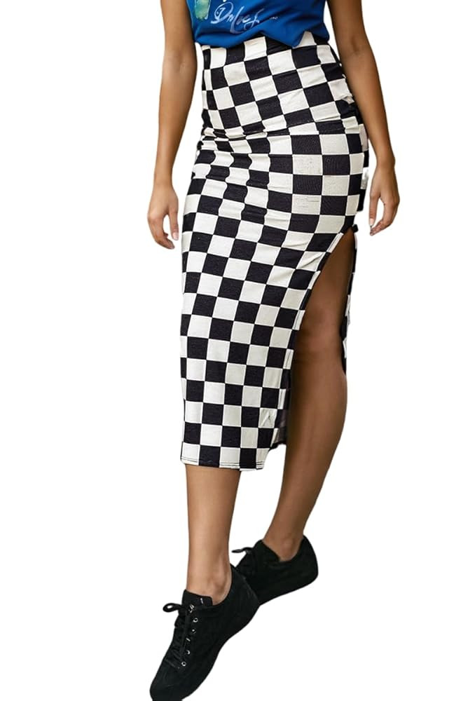 EARKOHA Checkered Slit Midi Skirt for Women Summer High Waisted Sexy Bodycon Skirts | Amazon (US)