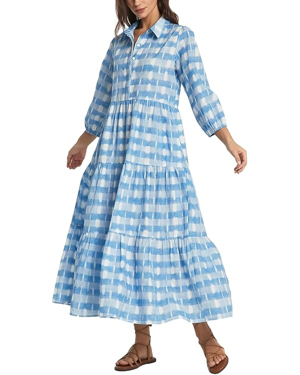 D-Sun Women Long Sleeve Maxi Dress V Neck Button Down Flowy Tiered Ruffle Shirt Dress Casual Fall... | Amazon (US)