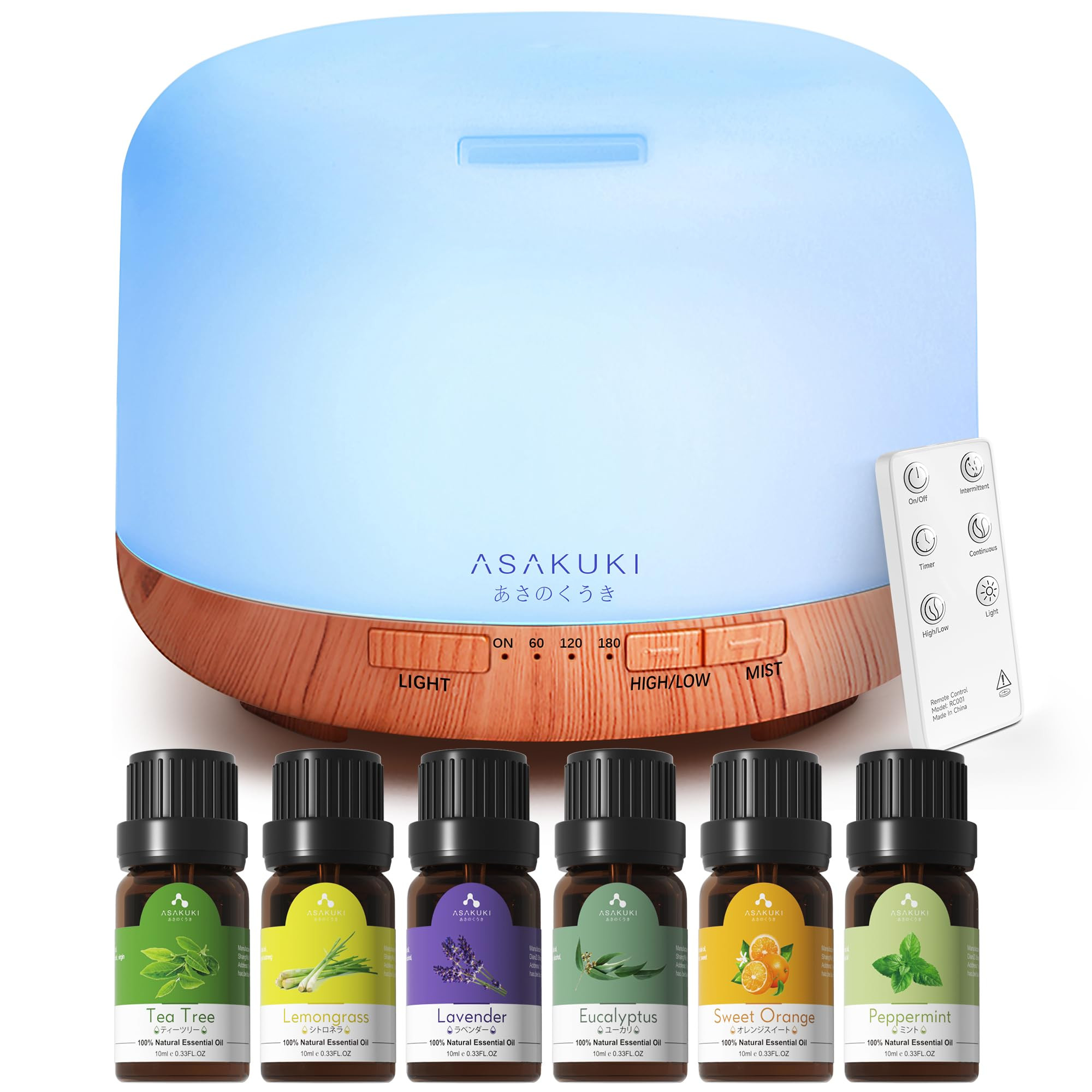 ASAKUKI Oil Diffuser with Essential Oils Set, 500ml Aromatherapy Humidifier with 14 LED Colors & ... | Amazon (US)