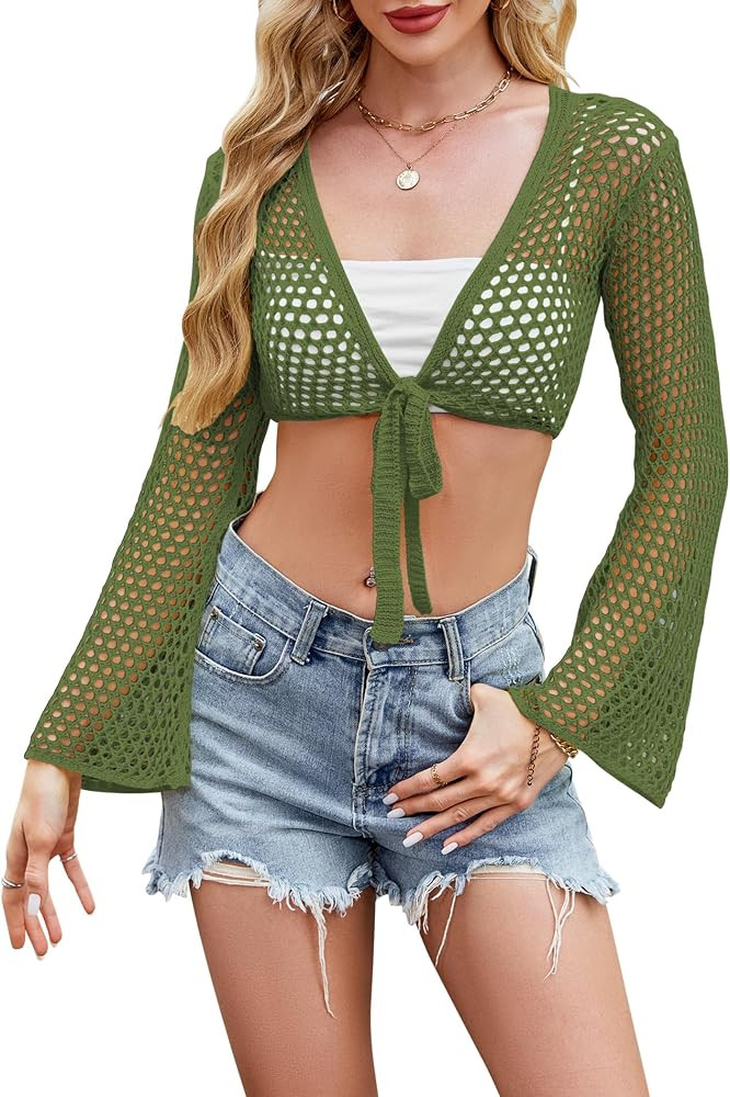 Women Bell Long Sleeve Crochet Top Tie Front Cropped Cardigan Hollow Out Knit Bolero Shrug | Amazon (US)