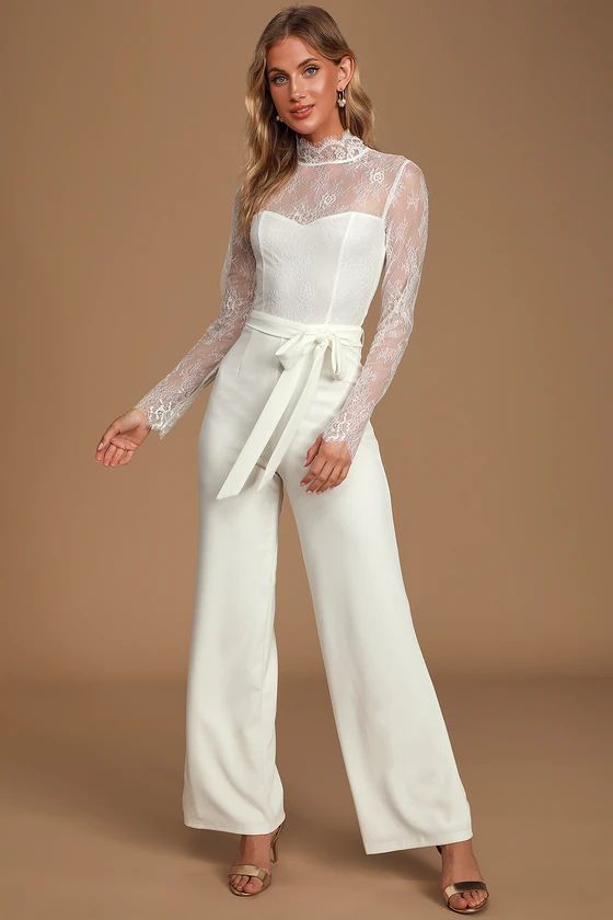 Loving Expression White Lace Mock Neck Long Sleeve Jumpsuit | Lulus (US)