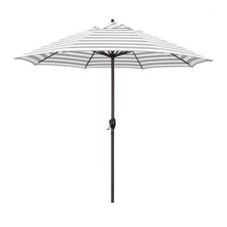 9 ft. Bronze Aluminum Market Patio Umbrella Auto Tilt Crank Lift in Gray White Cabana Stripe Olef... | The Home Depot
