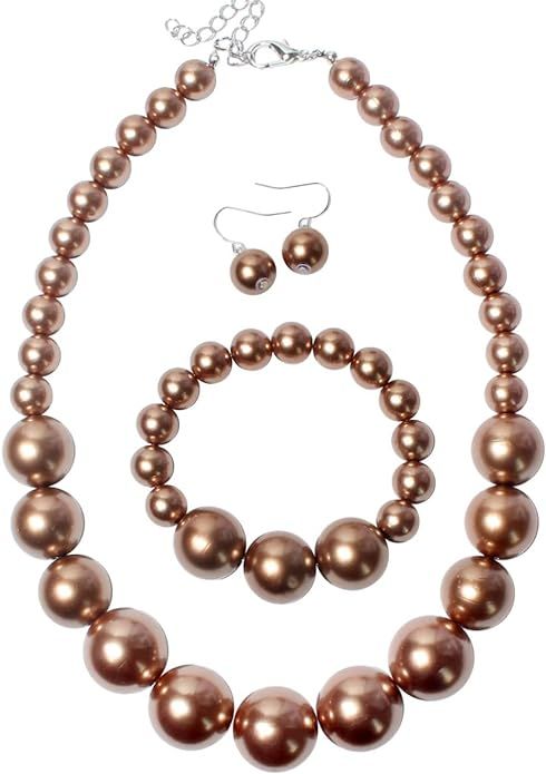 KOSMOS-LI Women's Large Big Simulated Pearl Statement 19" Necklace Bracelet and Earrings Jewelry ... | Amazon (US)