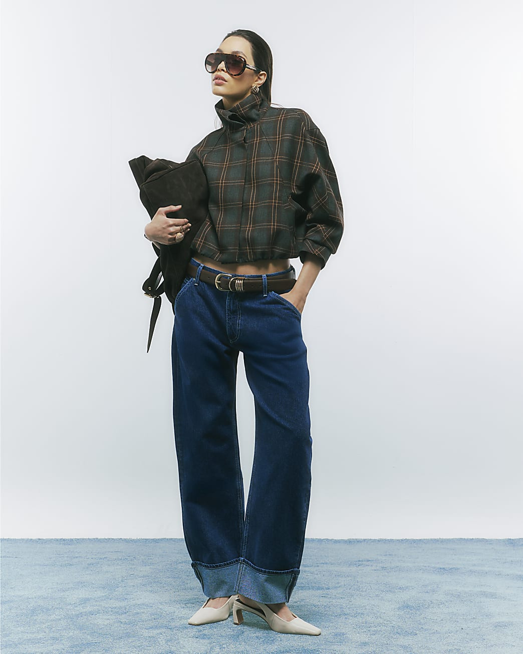 Brown Funnel Neck Check Bomber Jacket | River Island UK & IE