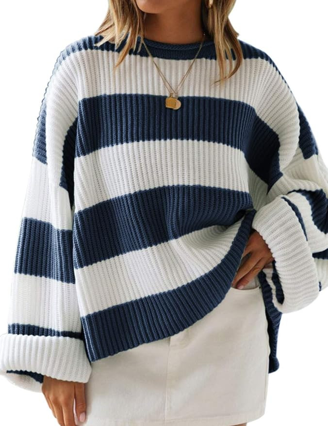 ZESICA Women's Long Sleeve Crew Neck Striped Color Block Comfy Loose Oversized Knitted Pullover S... | Amazon (CA)